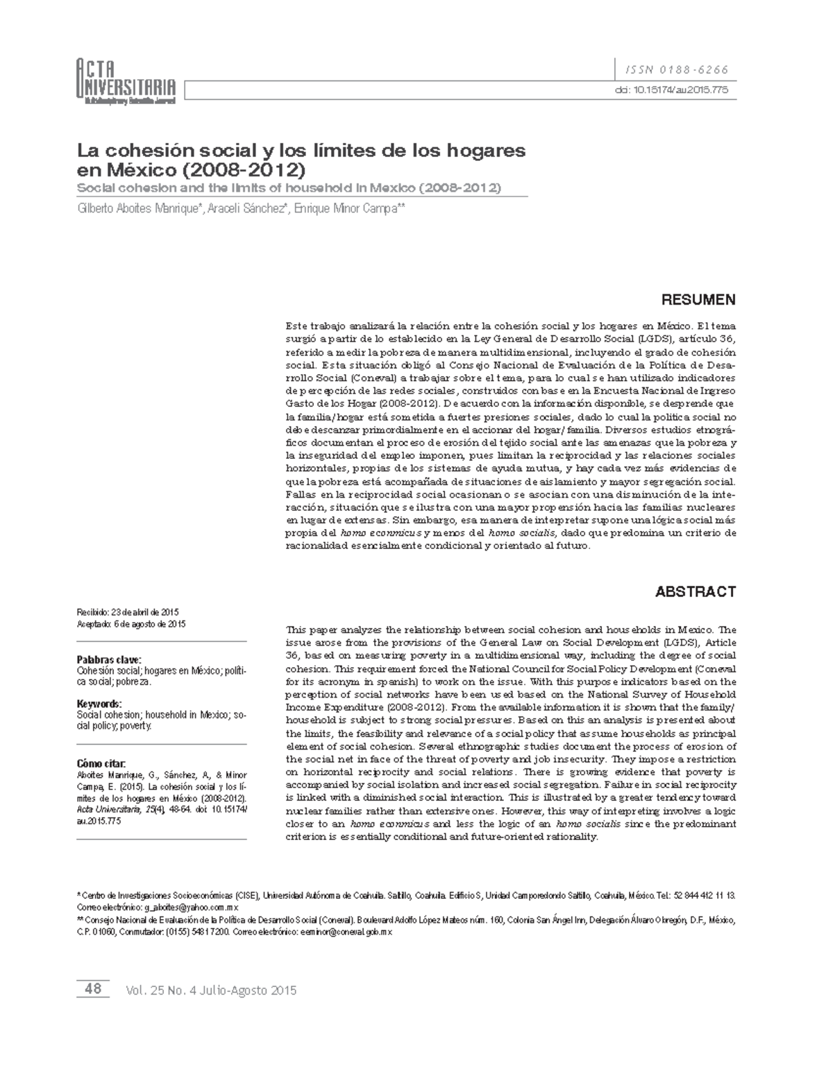 Análisis de la cohesión social y límites de hogares en México (2008 ...
