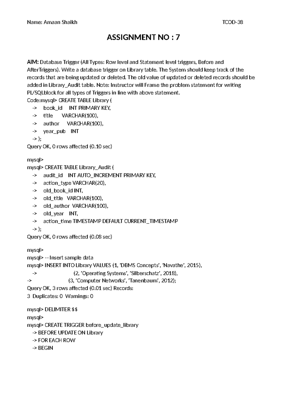 DBMS 7 - Assignment 7: Database Triggers Implementation - Studocu