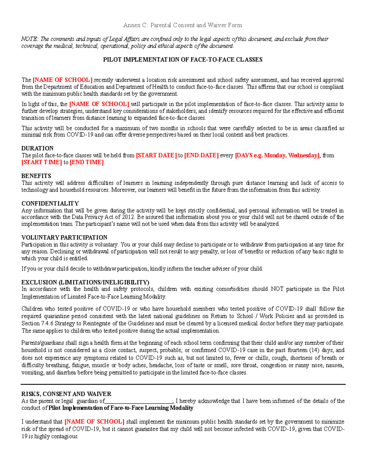 Annex C: Parental Consent & Waiver for Face-to-Face Classes - Studocu