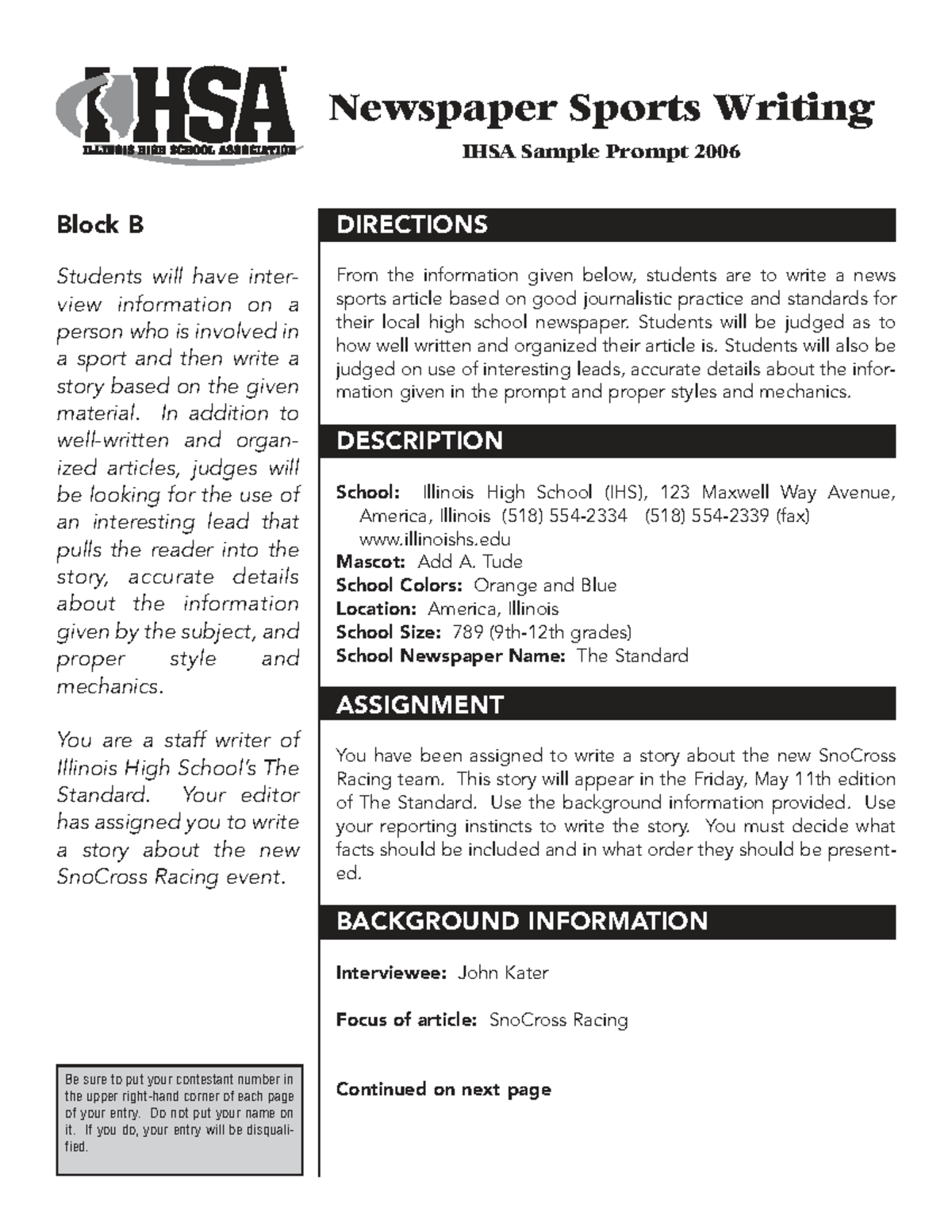 Newspaper Sports Writing IHSA Sample Prompt 2006 Block B: SnoCross ...