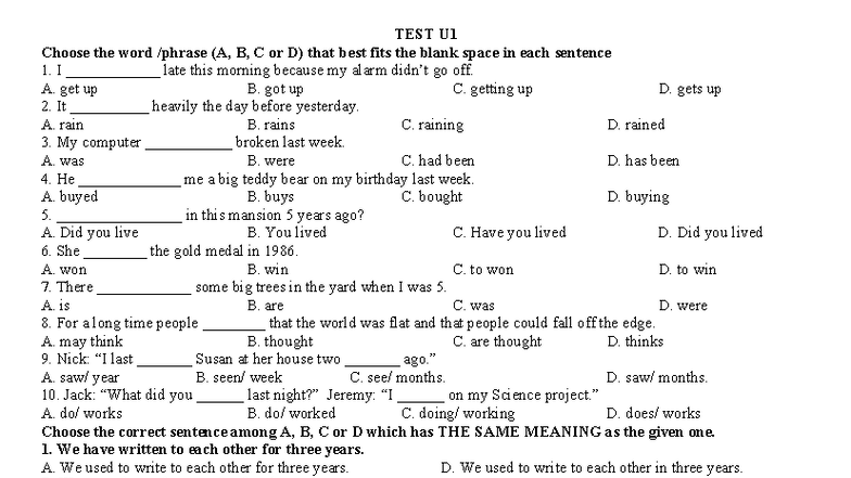 TEST U1 - Vocabulary and Grammar Exercises - Studocu