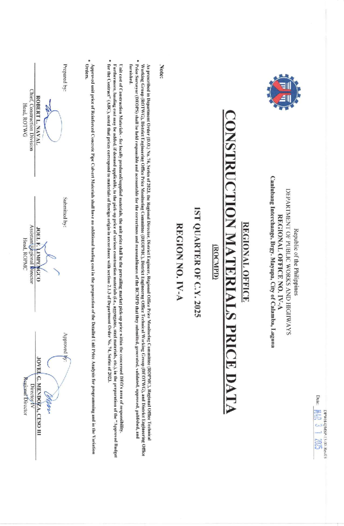 Approved Construction Materials Price Data (CMPD) 1st Qtr C.Y. 2025 ...