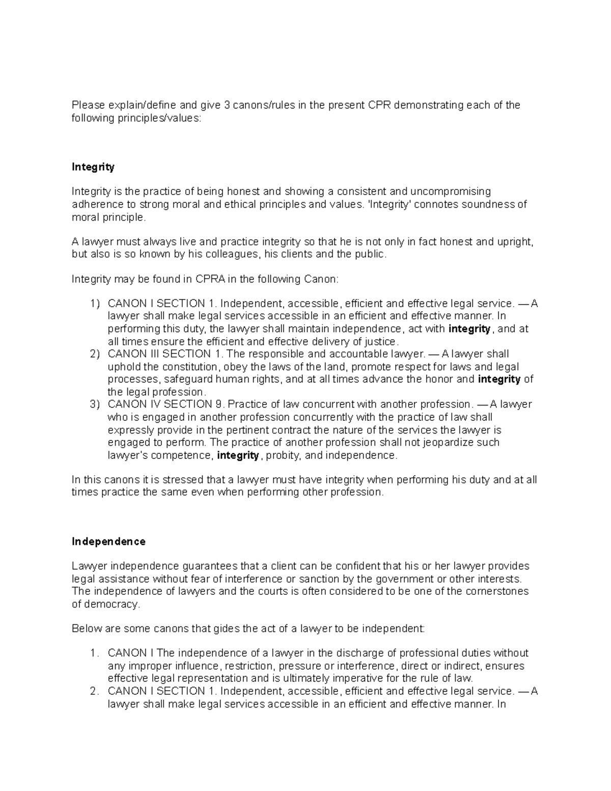 Ethics Assignment: Canons of Professional Responsibility (CPR) - Studocu