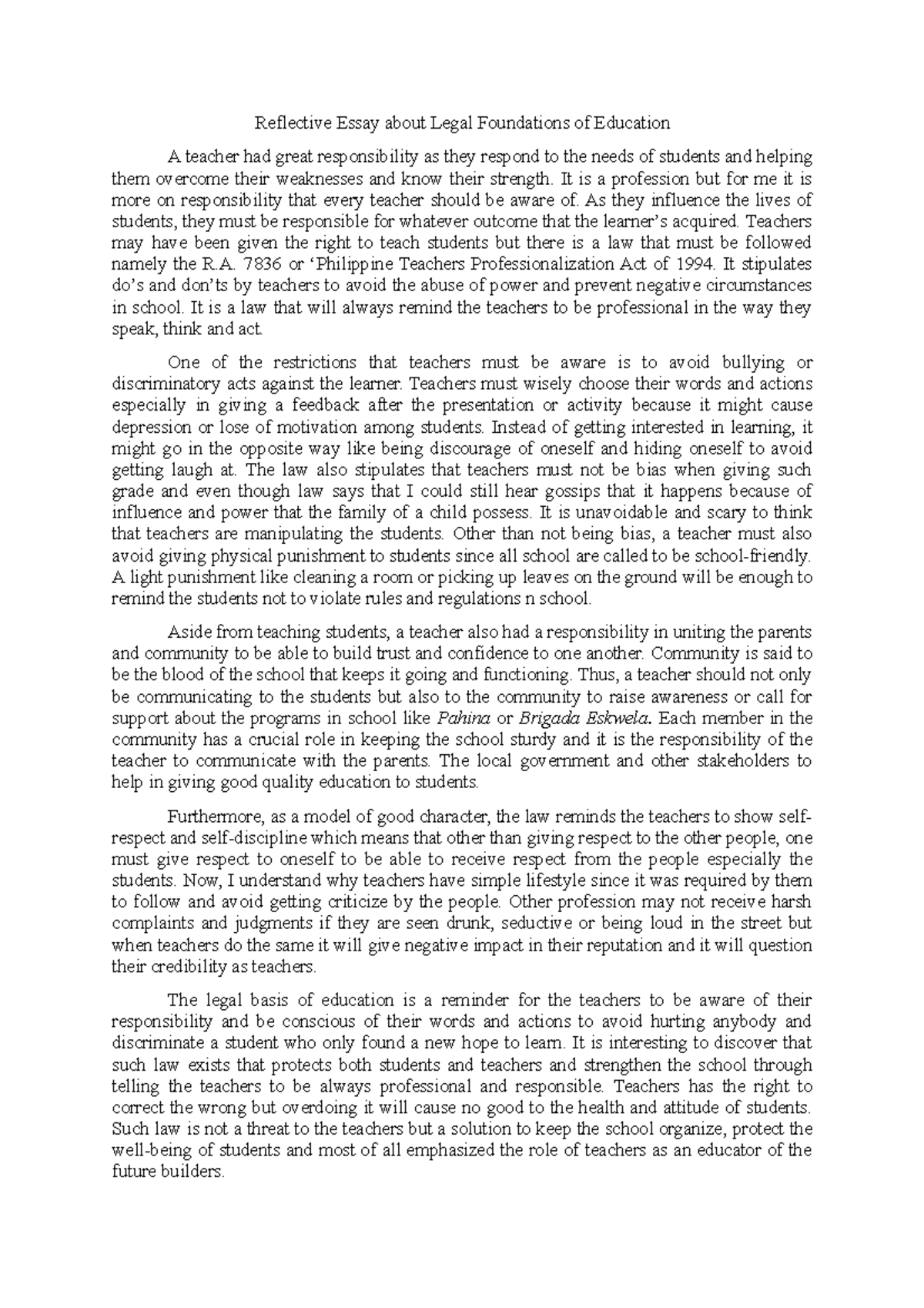Reflection on Legal Foundations of Education: Teacher Responsibilities ...