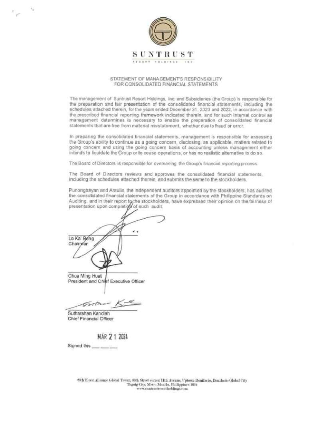Audit Report on Consolidated Financial Statements of Suntrust Resort ...