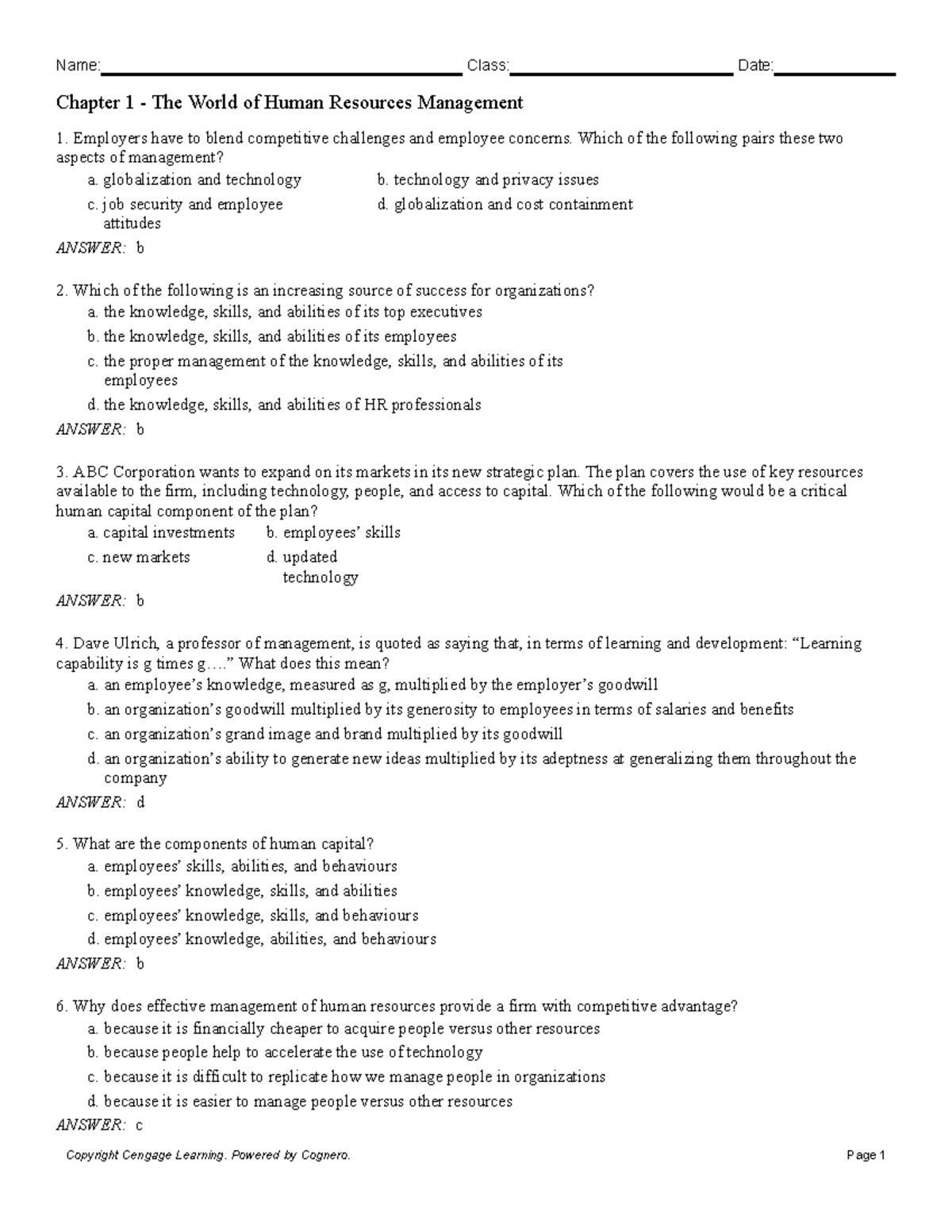 Test Bank 9780176798055: Chapter 1 Human Resources Management Insights ...