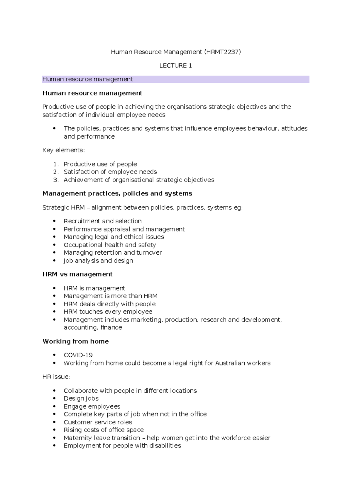 HRMT2237 Lecture Notes: Human Resource Management Overview and ...