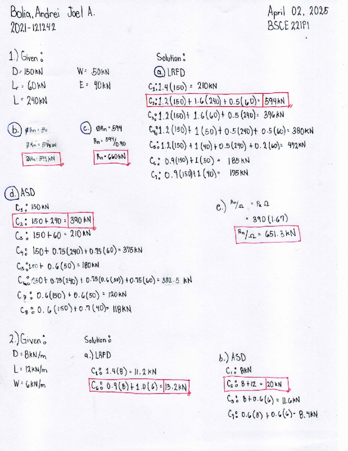 Practice Problems for BSCE 221P1: LRFD and ASD Solutions - Studocu