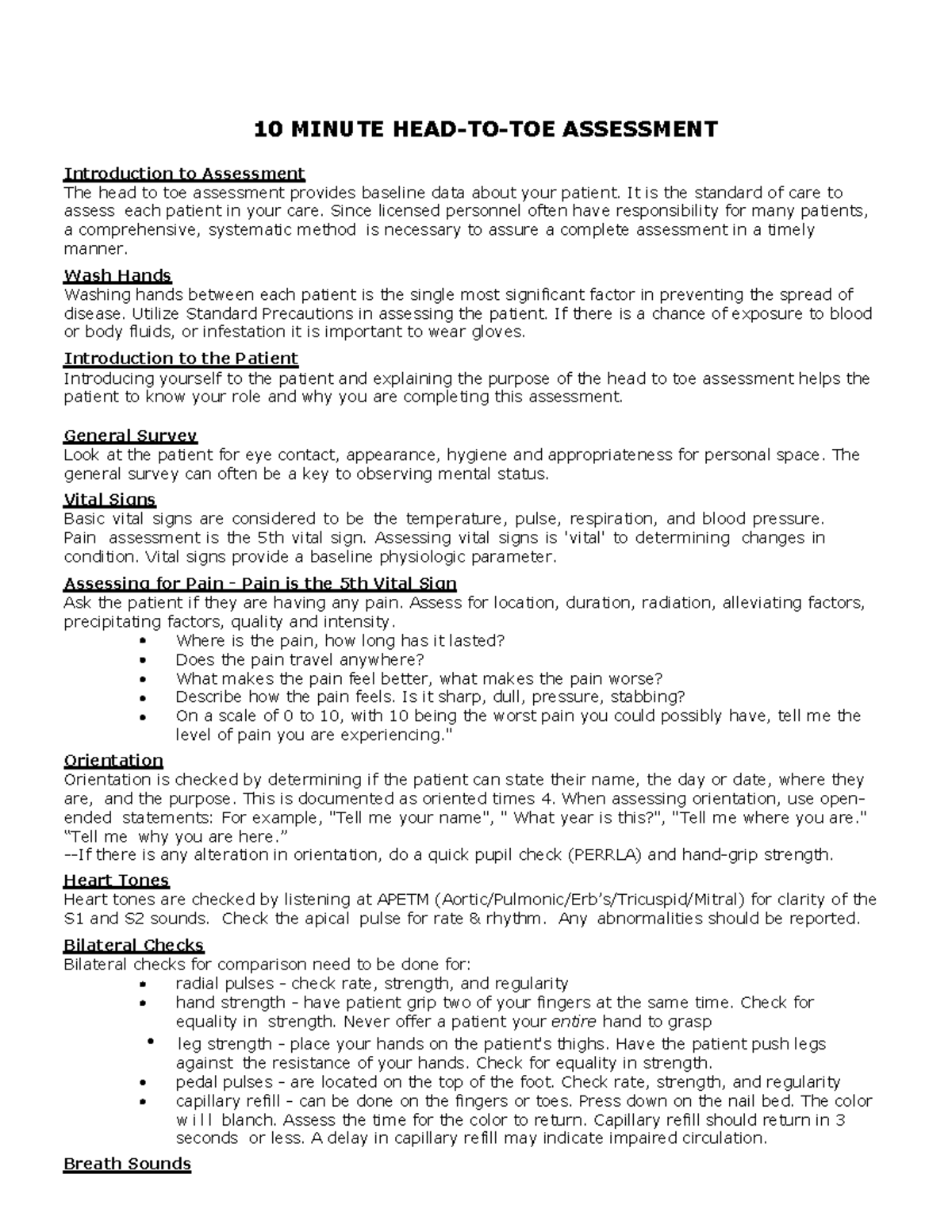 10-Minute Head-to-Toe Assessment: A Comprehensive Guide - Studocu
