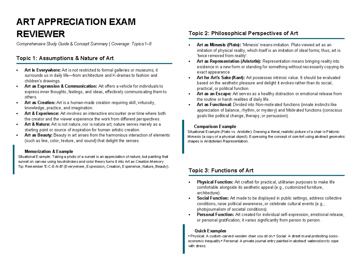 ART APPRECIATION 101: Exam Review on Philosophical Perspectives - Studocu