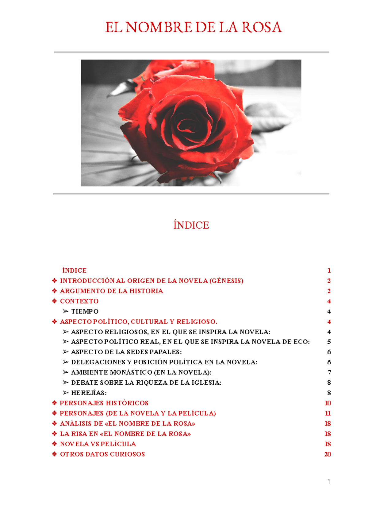 EL Nombre DE LA ROSA ( Apuntes) - EL NOMBRE DE LA ROSA ÍNDICE ÍNDICE ...