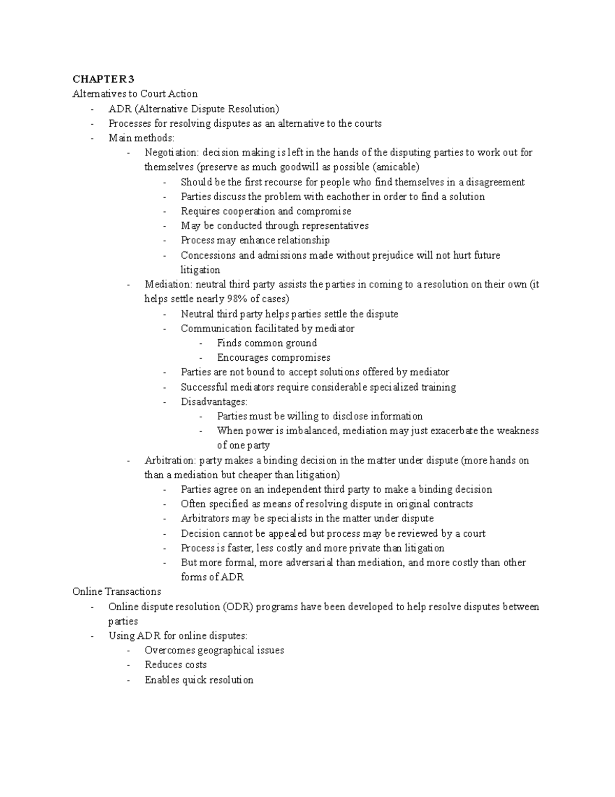 MCS 3040 Final Exam Notes - CHAPTER 3 Alternatives to Court Action ...