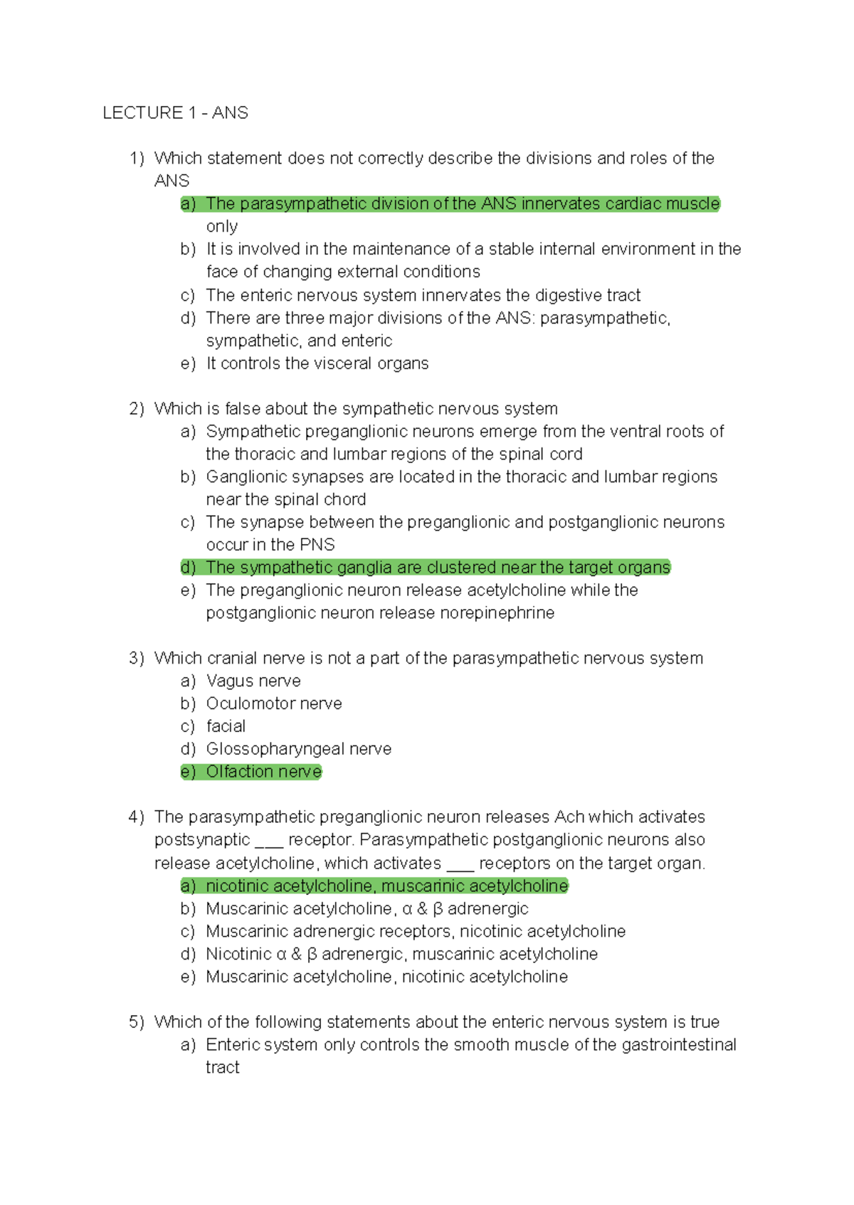 LECTURE 1 ANS: Key Questions on Autonomic Nervous System - Studocu