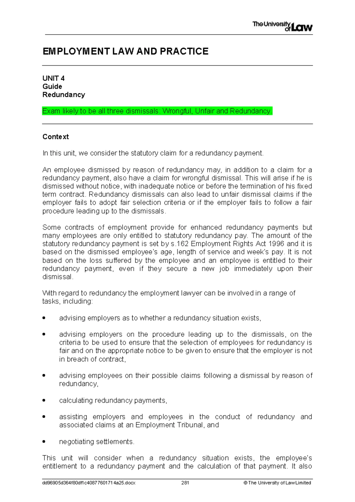 EL UNIT 5A: STUDENT GUIDE ON UNFAIR DISMISSAL IN EMPLOYMENT LAW - Studocu