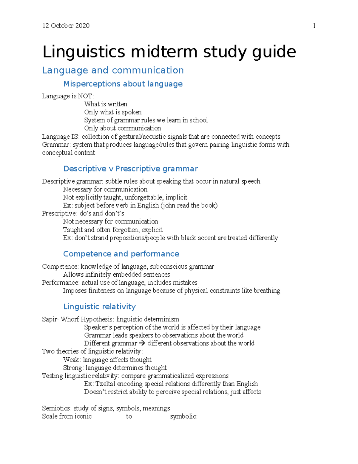 Midterm Study Guide for Linguistics (LING101): Key Concepts and ...