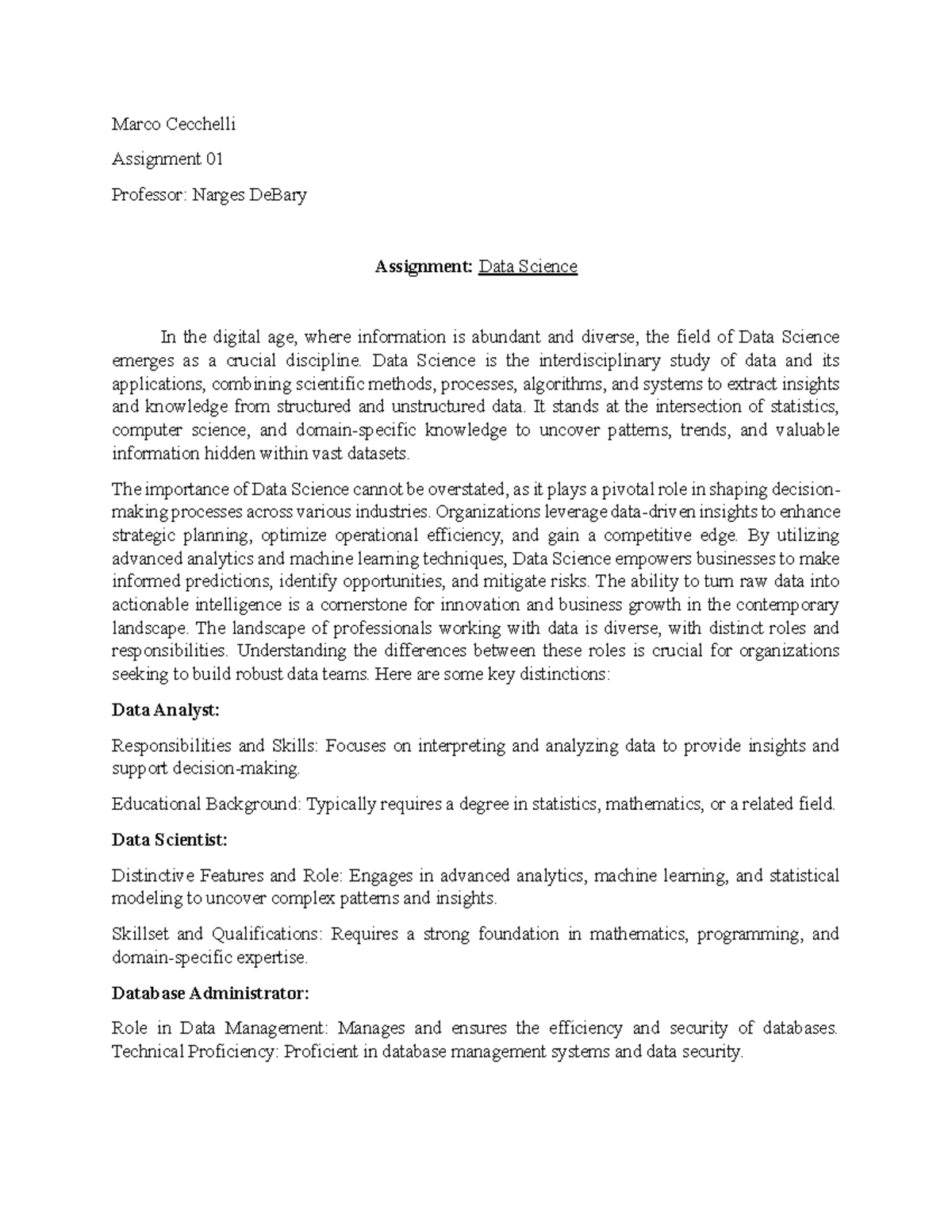 Assignment 01: Understanding Roles in Data Science (CS 101) - Studocu