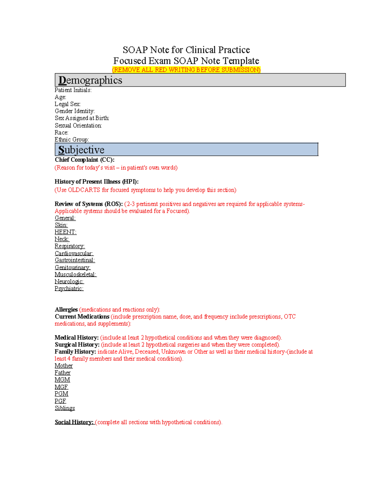 SOAP Note Template for Clinical Practice Focused Exam (Immersion 3 ...