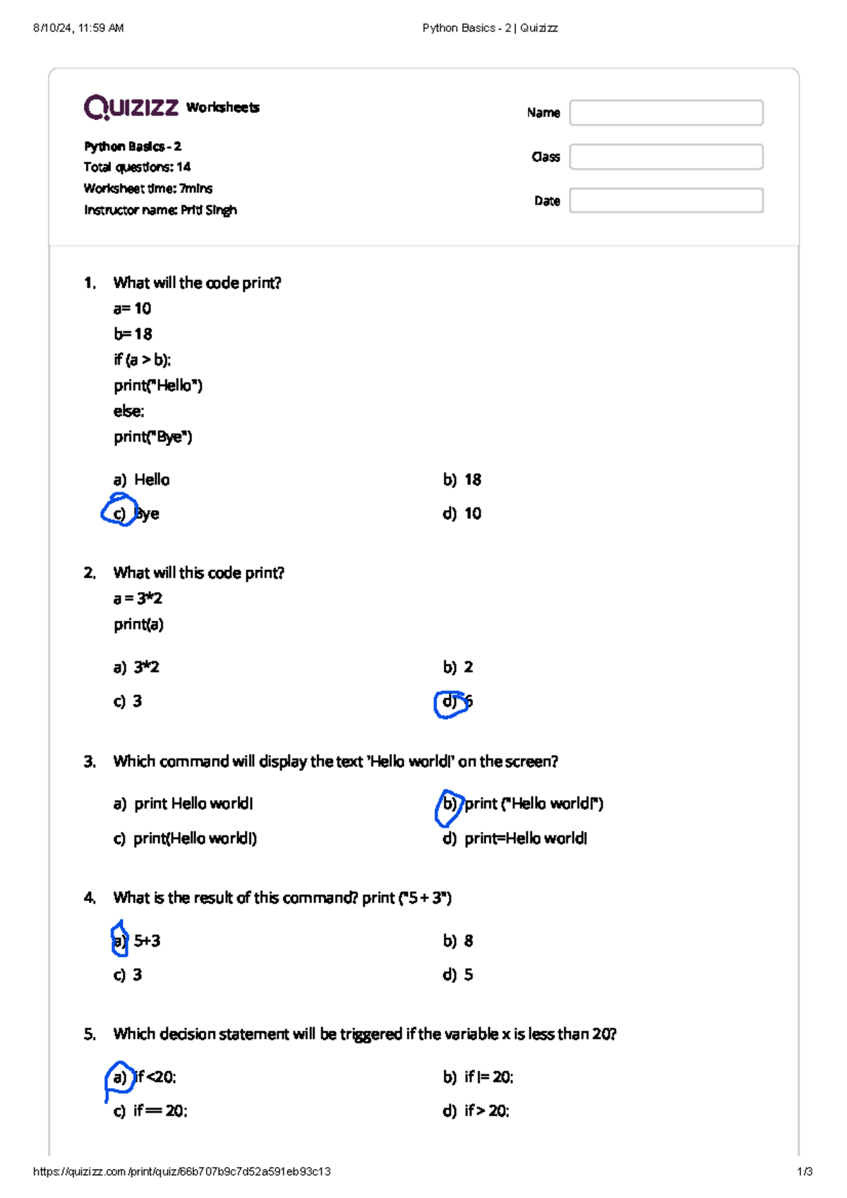 Grade 7 - Intro to Python Worksheets (Total Q: 14, Time: 7 mins) - Studocu