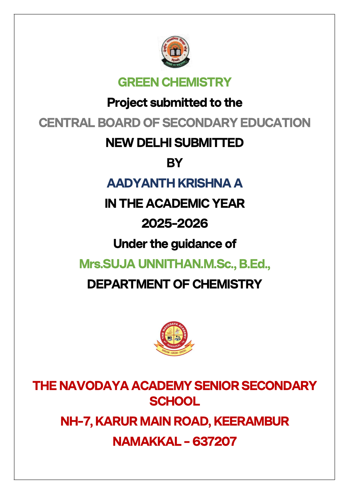 GREEN CHEMISTRY Project Report for CBSE Class XII by AADYANTH KRISHNA ...