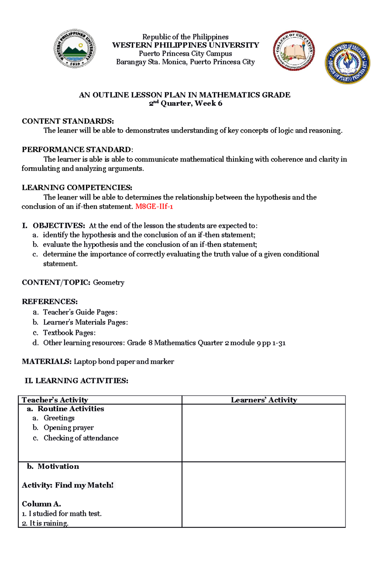 Andales M8GE-IIf-1 - Lesson plan math 8 - Republic of the Philippines ...