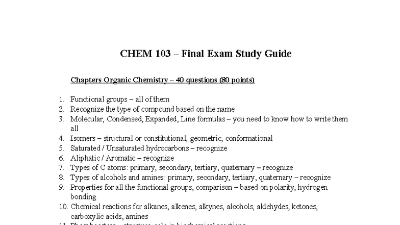 CHEM 103 Final Exam Study Guide: Organic Chemistry Key Concepts - Studocu