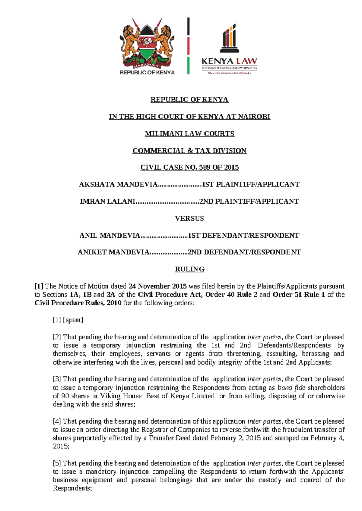 Civil Case No. 589 of 2015: Ruling on Injunction Application - Studocu