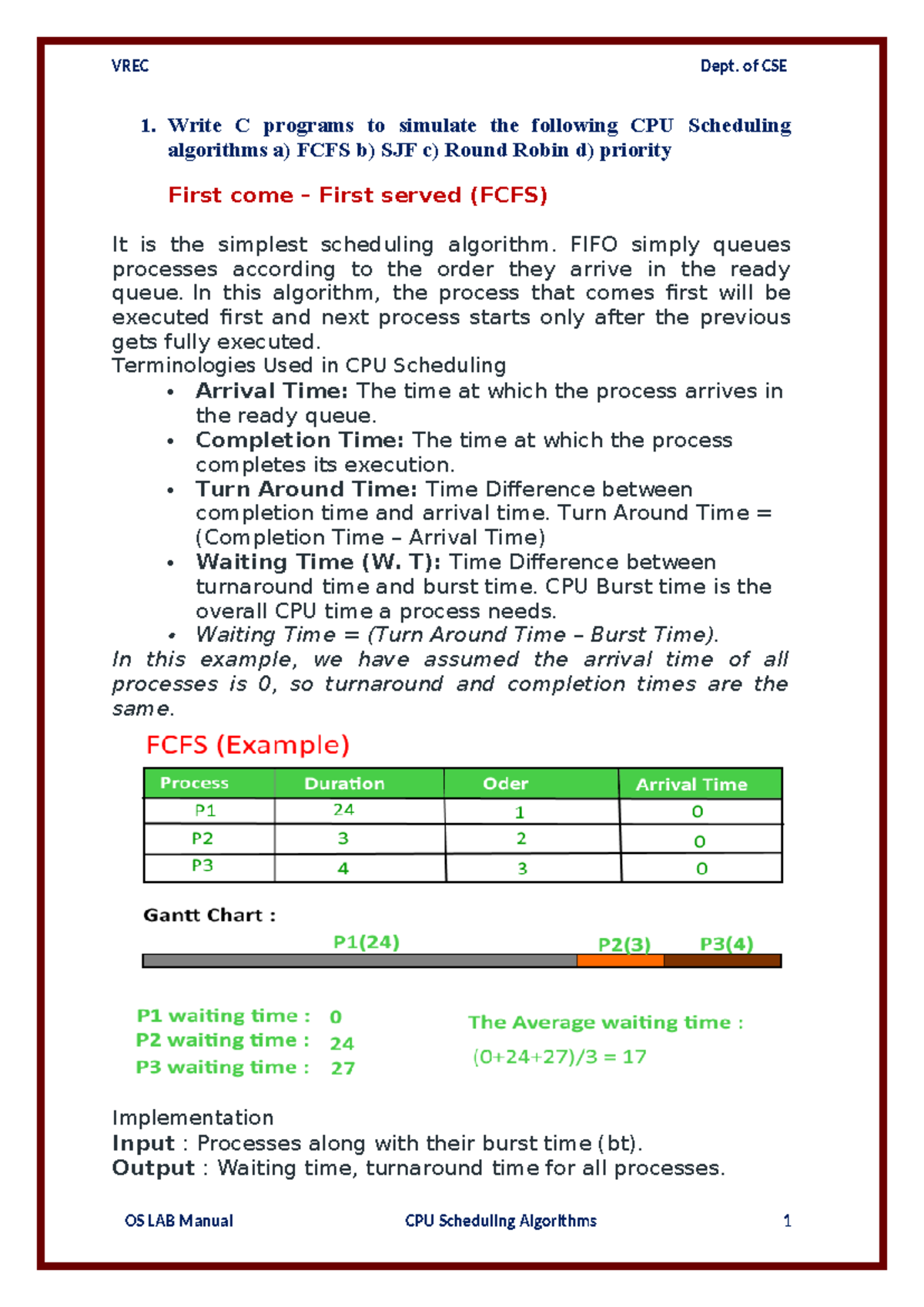 OS Lab Manual - 1. Write C programs to simulate the following CPU ...