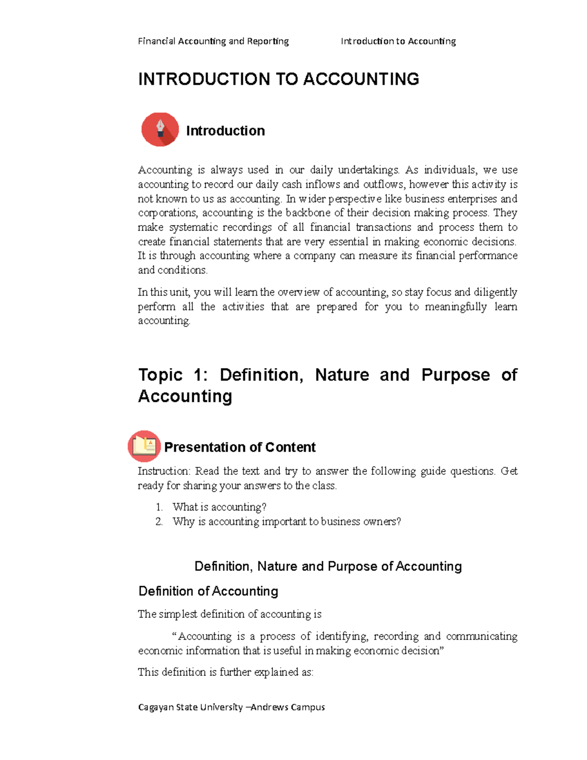 FAR Module 1 Introduction to Accounting - INTRODUCTION TO ACCOUNTING ...