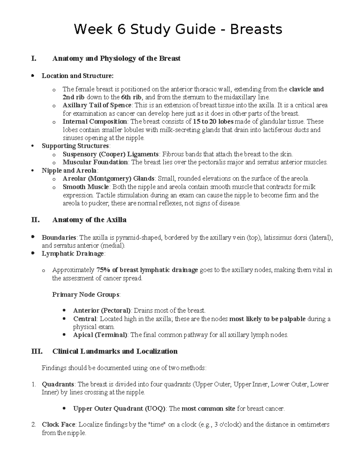Week 6 Study Guide: Anatomy & Physiology of the Breast - Studocu