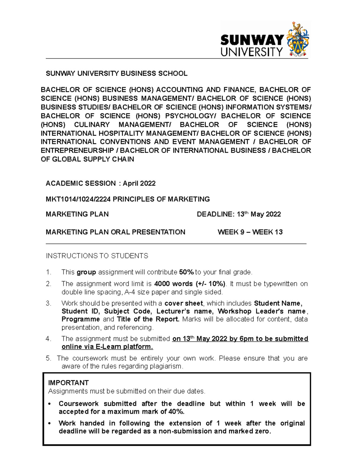 MKT1014 April 2022 Marketing Plan Assignment Guide and Instructions ...
