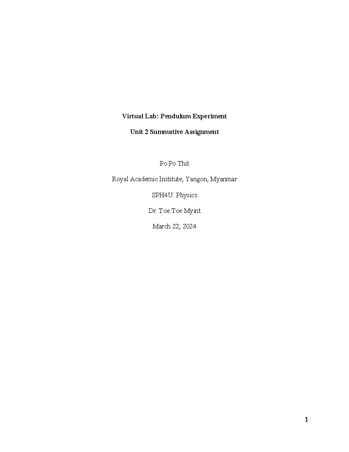 SPH4U: Pendulum Experiment Unit 2 Summative Assignment - Studocu