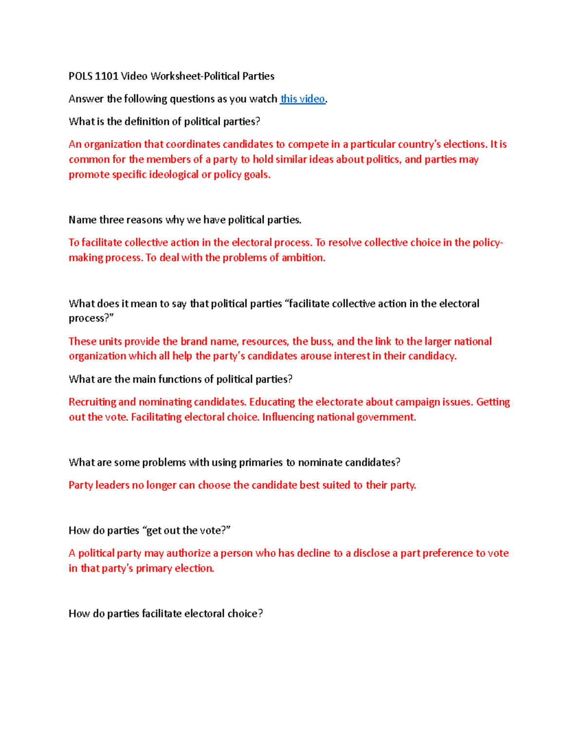 Political Party Identification Worksheet SOCIAL STUDIES ELEVEN DIGITAL
