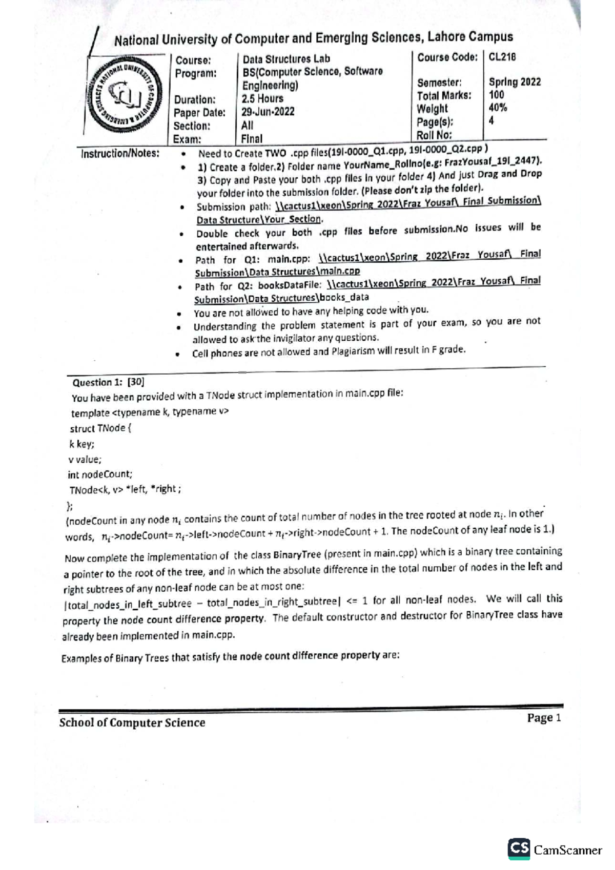 DS Lab Final Exam CL218 - Spring 2022 Submission Guidelines - Studocu
