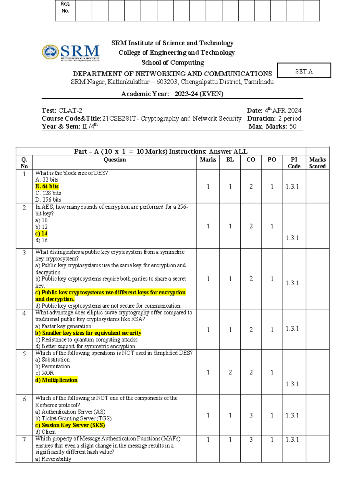 CNS CT2 SET A solution for cryptography and network security exam - Studocu