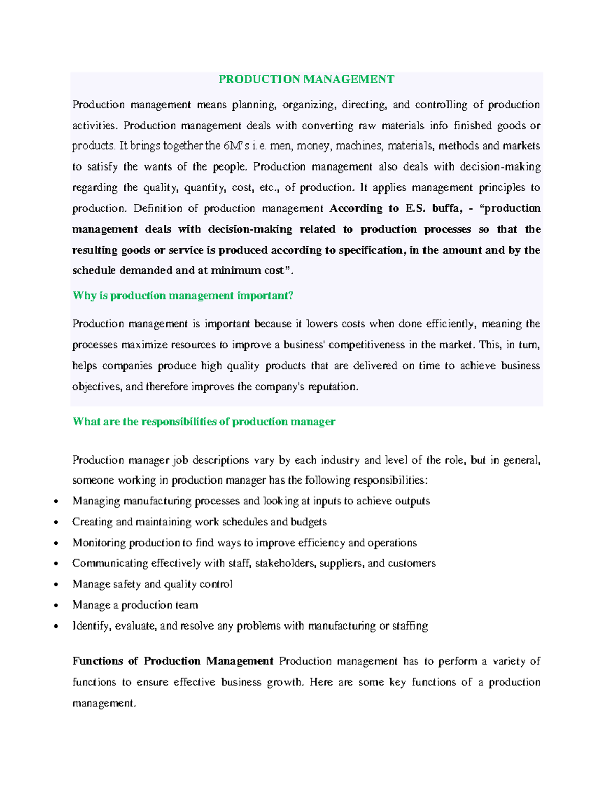 Production Management Overview: Key Functions & Importance (Unit 1 ...