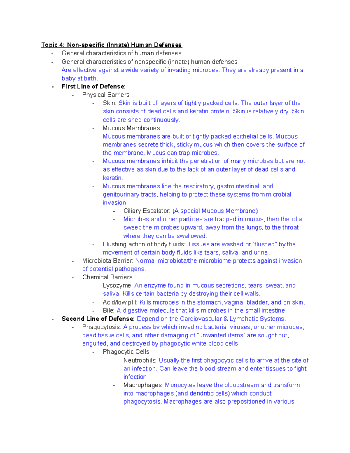 Exam 2 Topics - exam study guide - Topic 4: Non-specific (Innate) Human ...