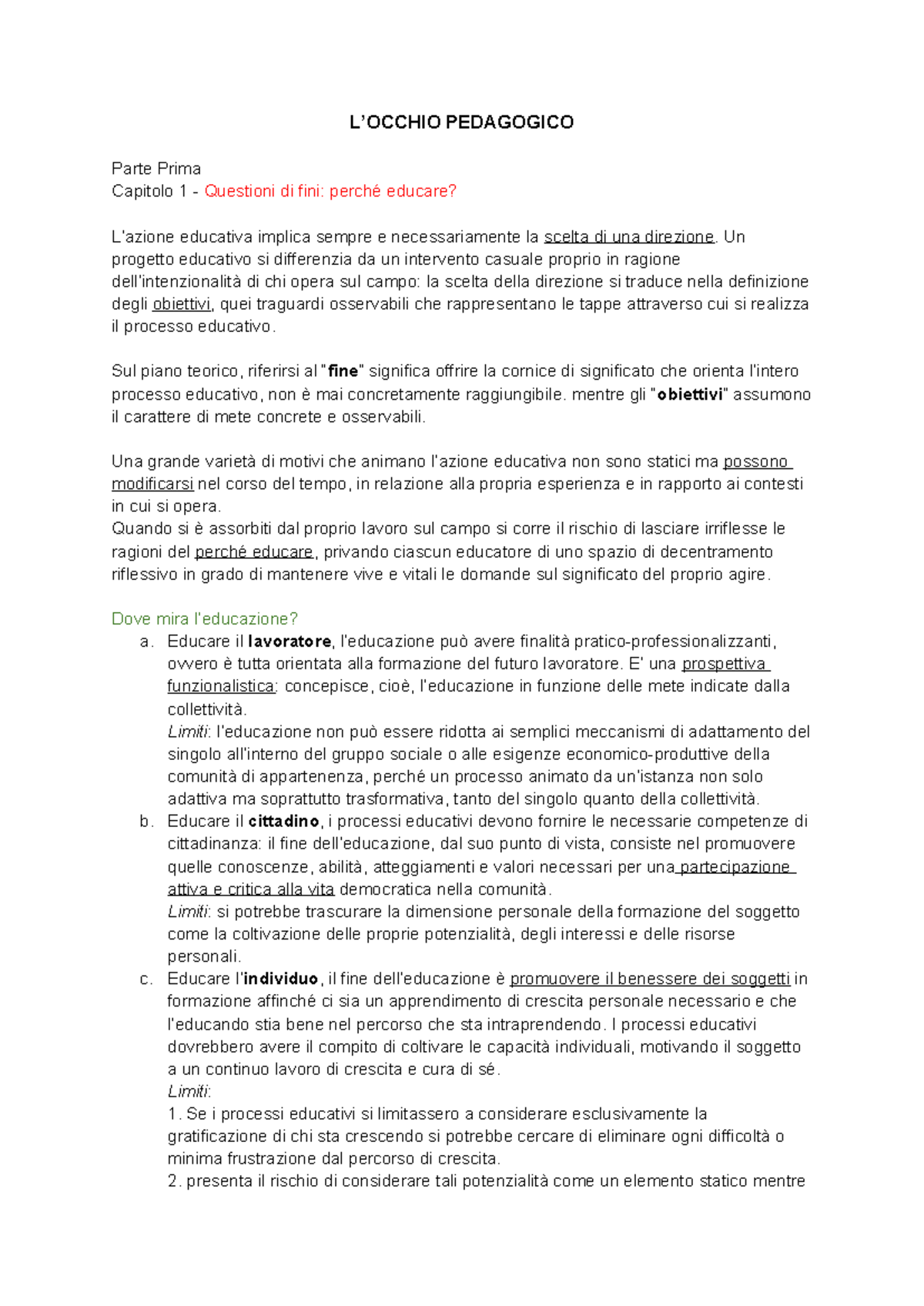 Occhio Pedagogico - Capitolo 1: Questioni di Fini nell'Educazione - Studocu