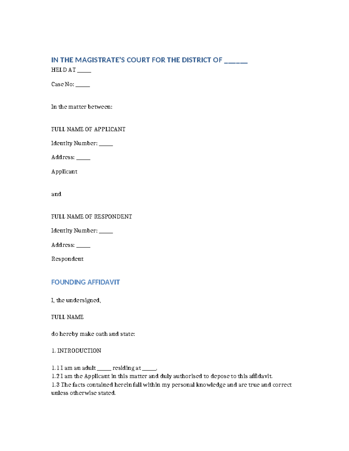 Affidavit for Interdict - Magistrates Court Case No: [Insert Case No ...