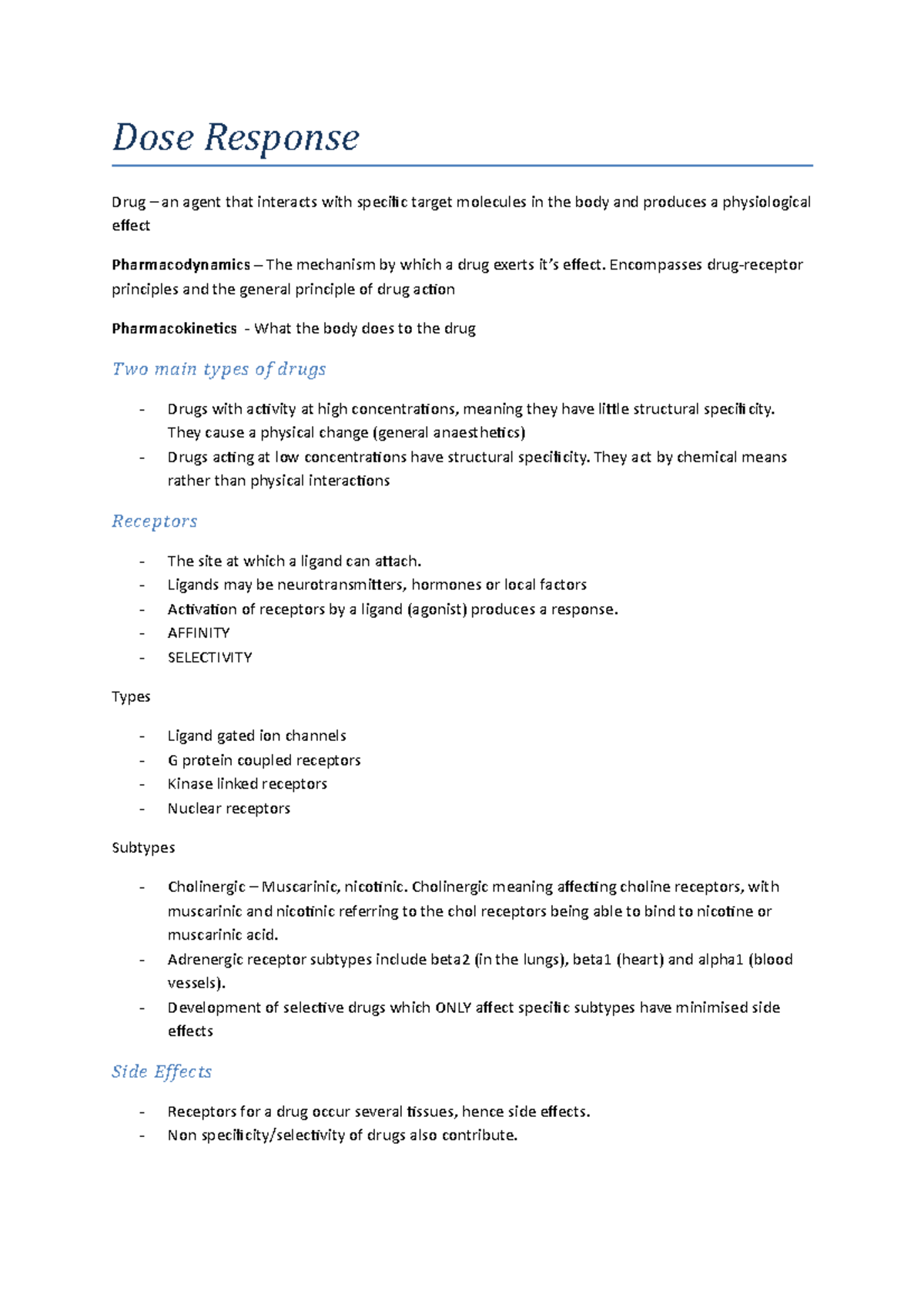 Lecture notes - notes for lectures in full - Dose Response Drug – an ...