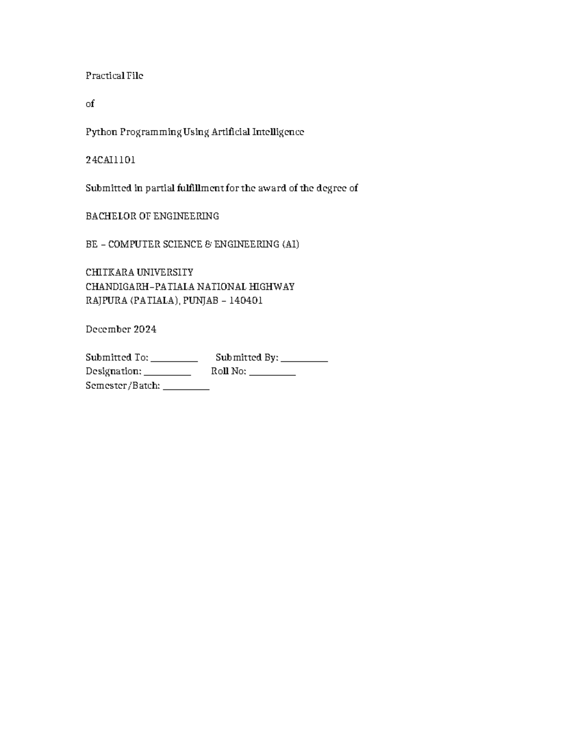 Practical File: Python Programming with AI 24CAI1101 Lab Work - Studocu