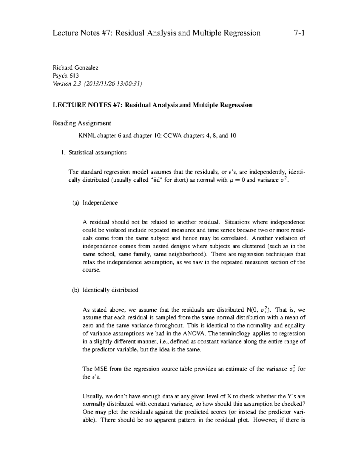 Psych 613 Lecture Notes: Residual Analysis & Multiple Regression (Weeks ...