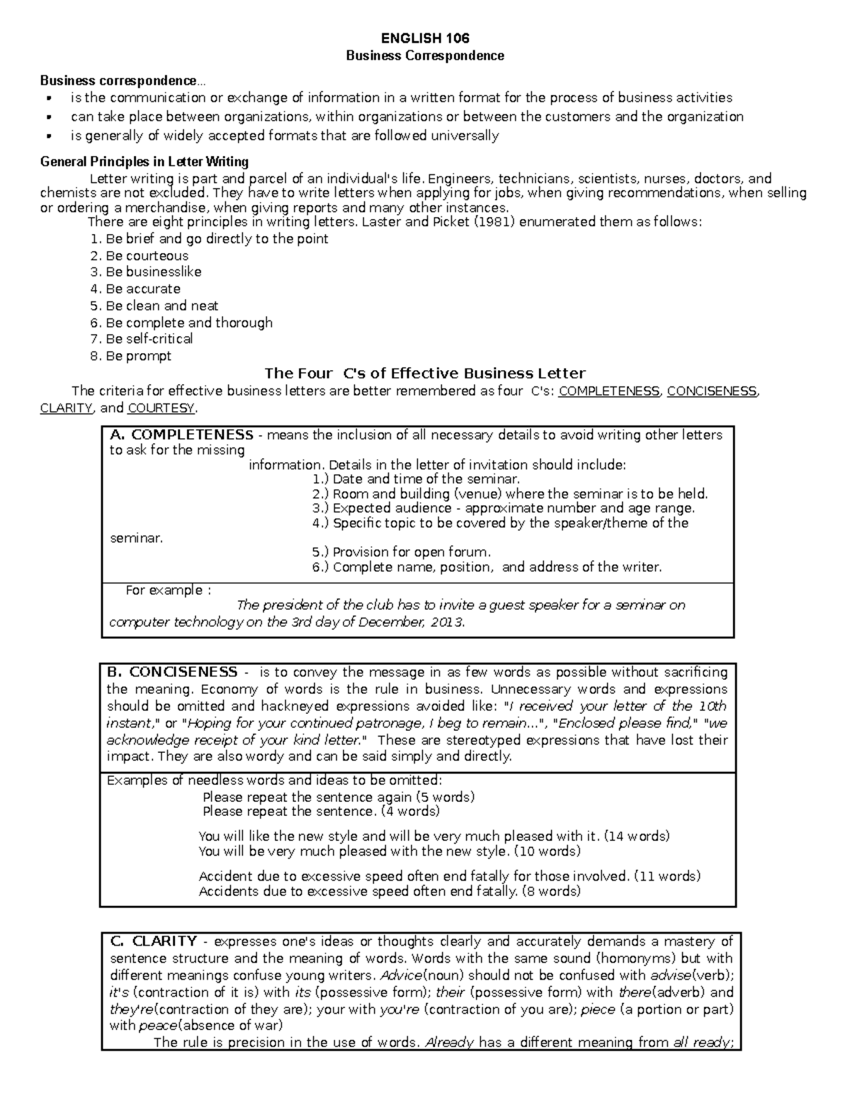 ENG 106 Business Correspondence: Principles and Formats - Studocu