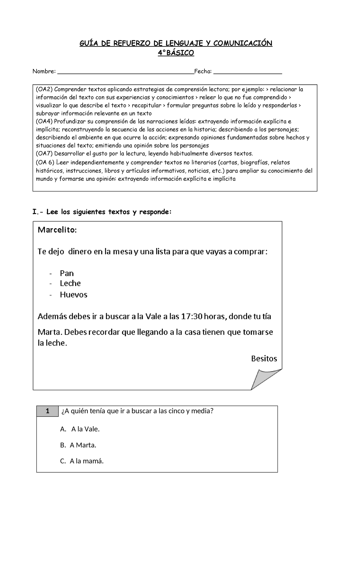 Guía de Refuerzo de Comprensión Lectora 4° Básico (OA2, OA4, OA6) - Document Preview