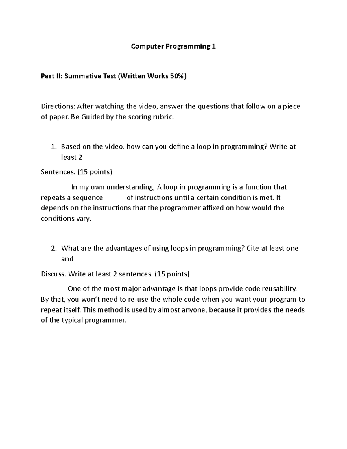 Loop in Programming - Computer Programming 1 Part II: Summative Test ...