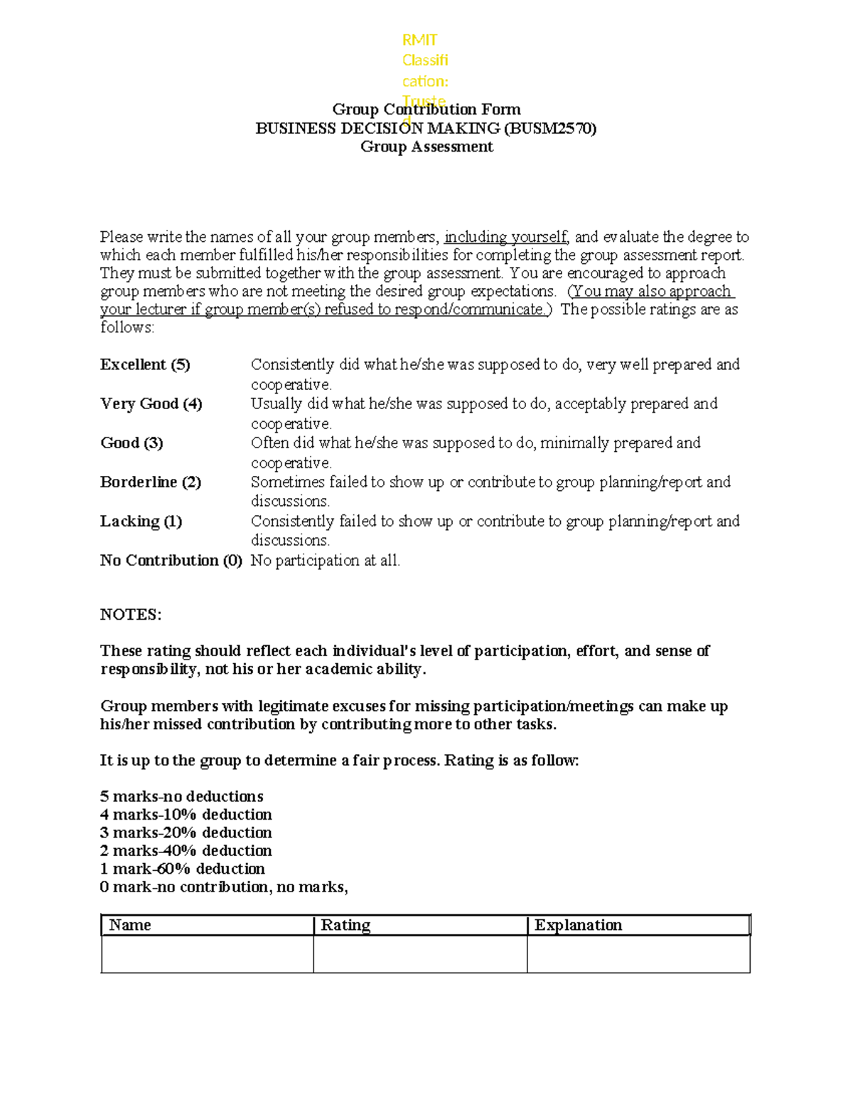 Group Contribution Form - Assessment Guide (BUSM2570) - Studocu