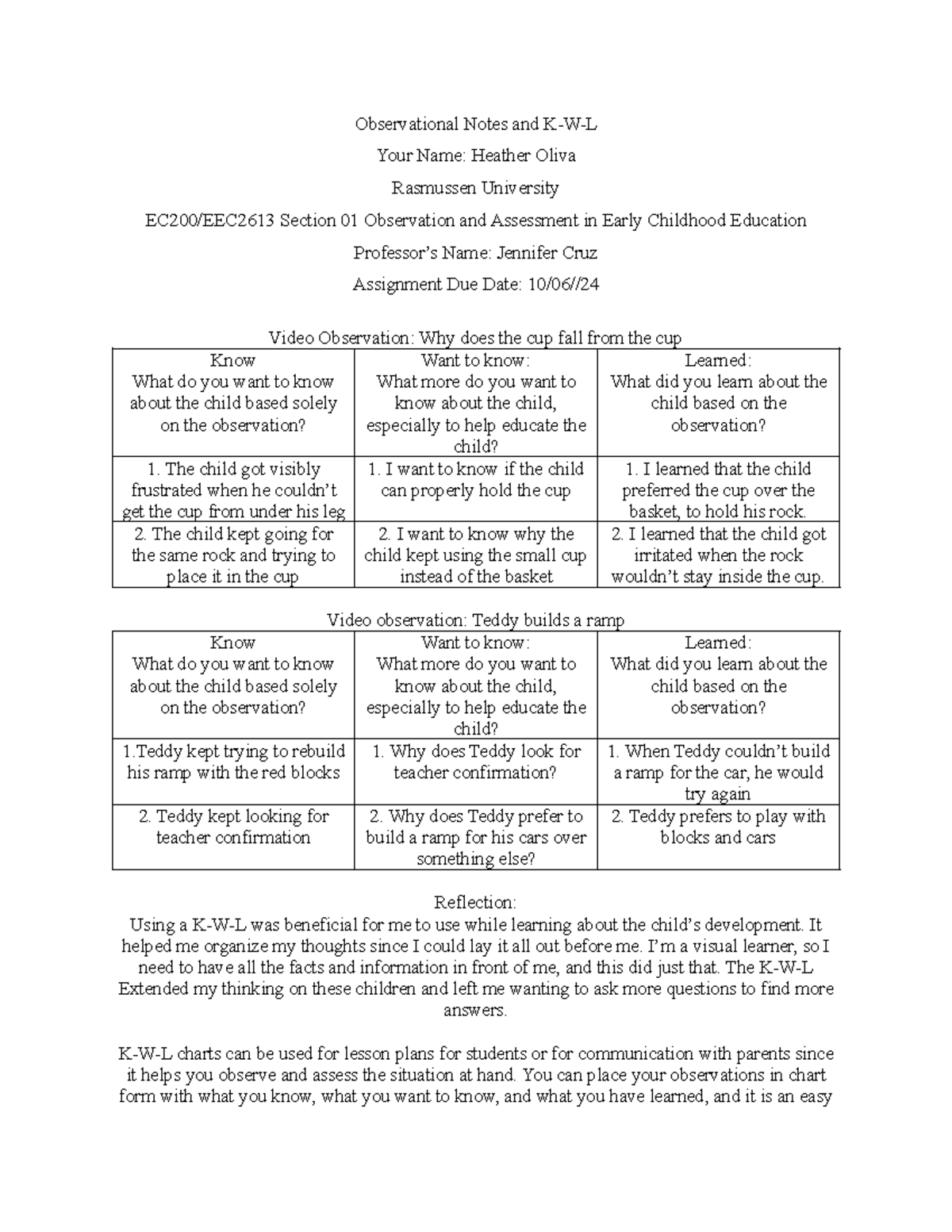 H.Oliva Observational Notes and K-W-L 100624 - Observational Notes and ...