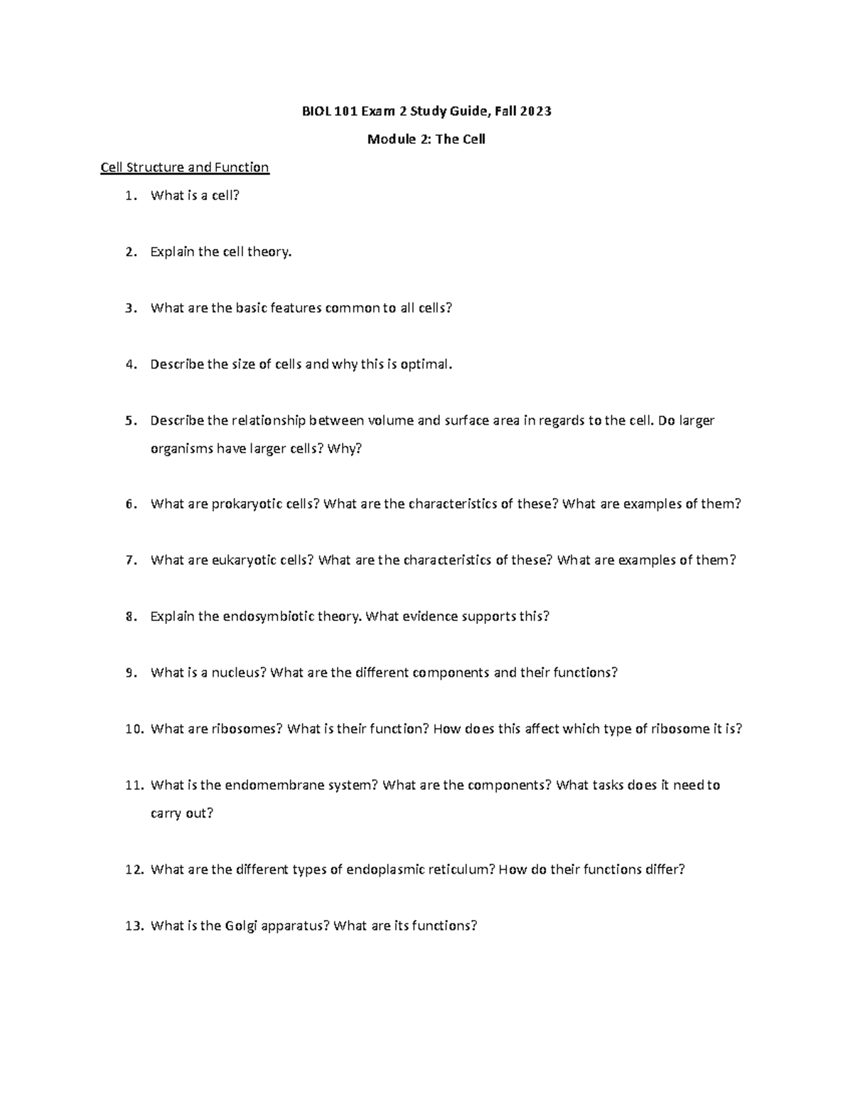 BIOL 101 Exam 2 Study Guide: Cell Structure, Function & Metabolism ...