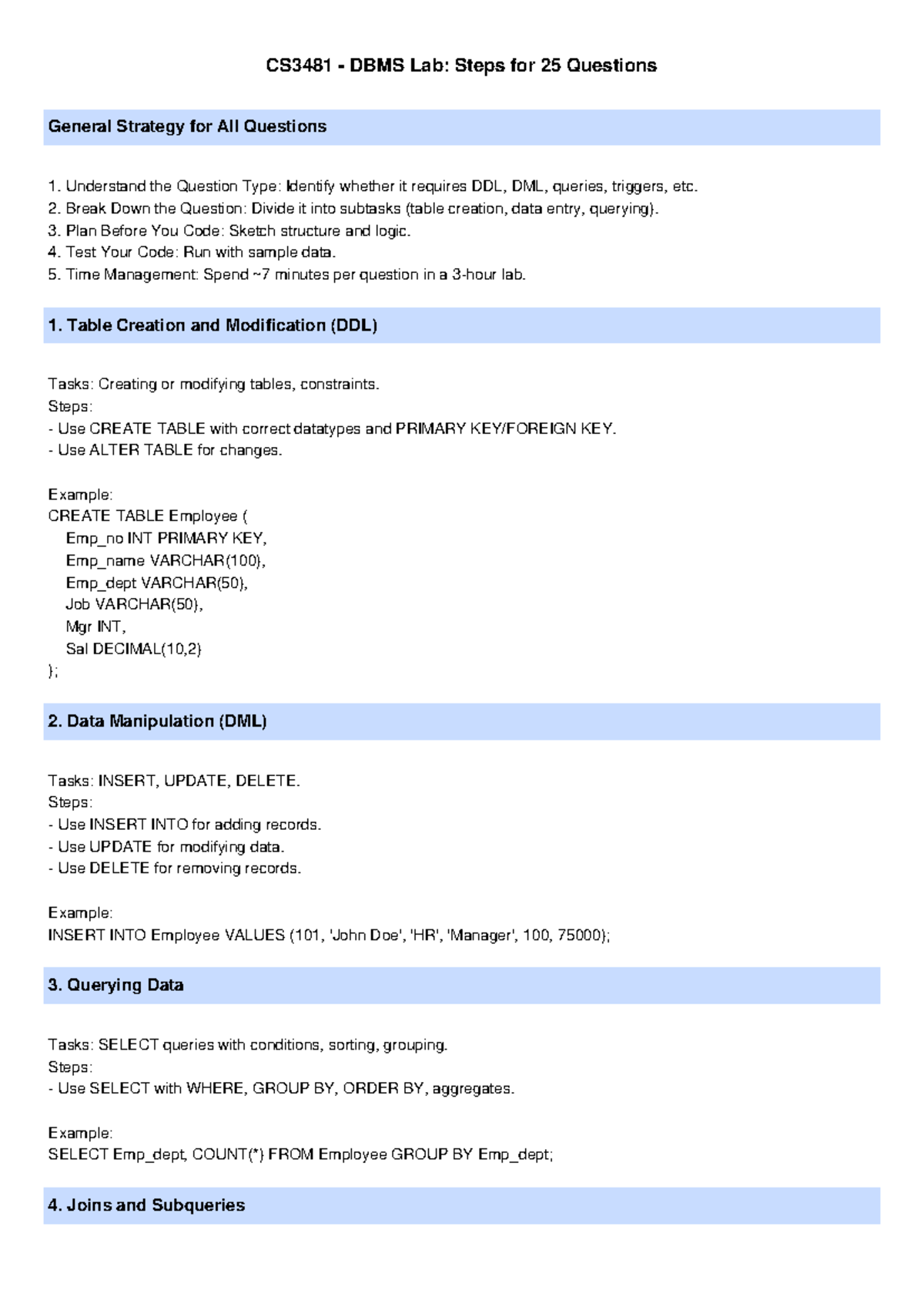 CS3481 DBMS Lab: General Strategy for 25 Questions & Solutions - Studocu
