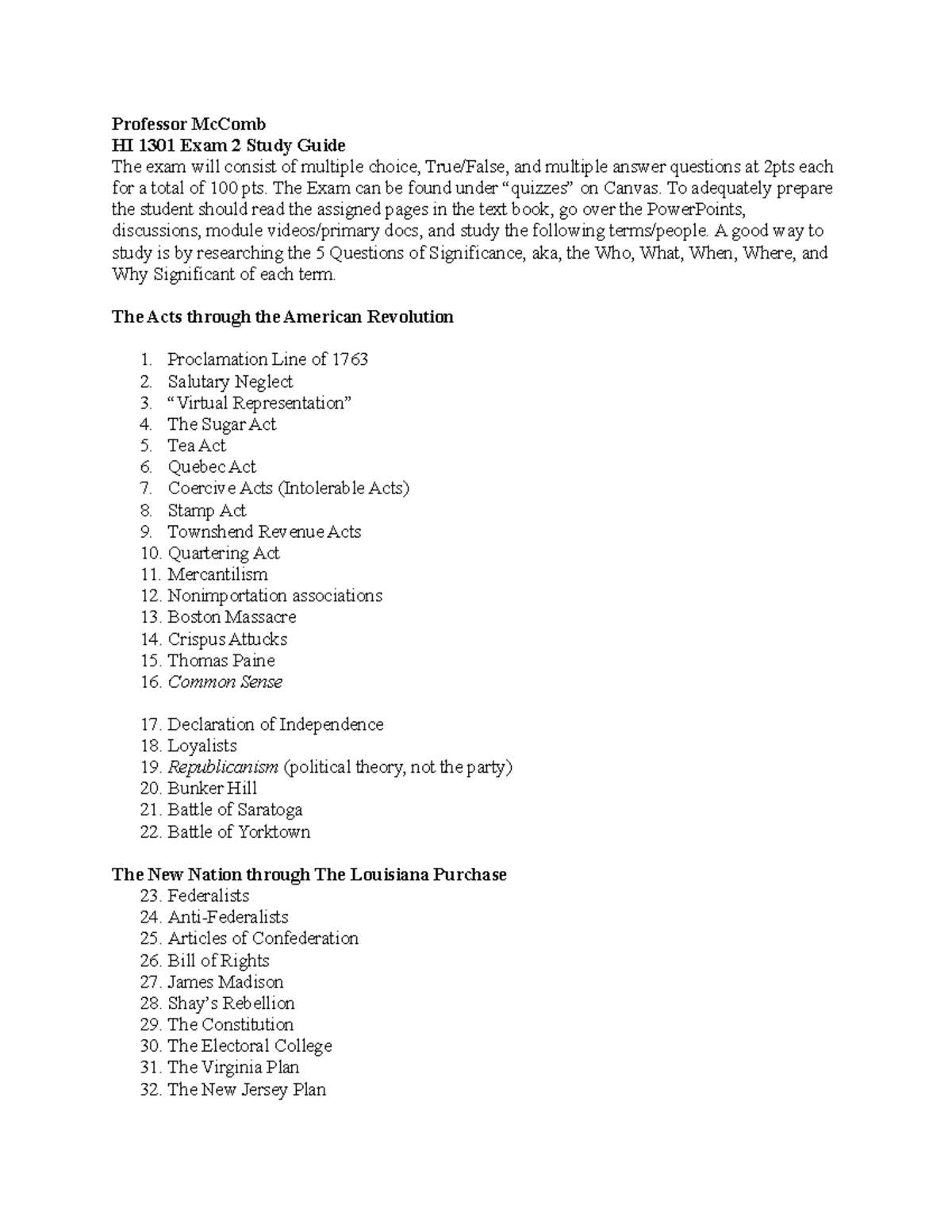 HI 1301 Exam 2 Online Study Guide and Key Terms Review - Studocu