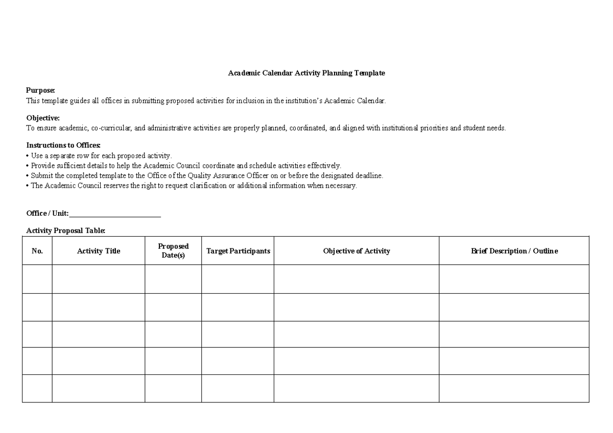 Academic Calendar Activity Planning Template - Studocu